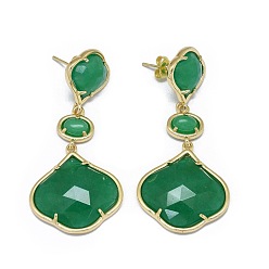 Green Natural Jade Dangle Stud Earrings, with Golden Brass Findings, Faceted, Dyed, Green, 50mm, Pin: 0.7mm