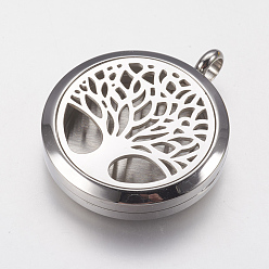 Stainless Steel Color 316 Surgical Stainless Steel Diffuser Locket Pendants, with Perfume Pad and Magnetic Clasp, Flat Round with Tree, Stainless Steel Color, 37x30x6mm, Hole: 5mm, Inner Diameter: 23mm, Perfume Pad: 22x3mm