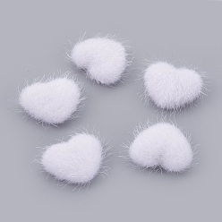 Blanc Cabochons recouverts de fausse fourrure, avec fond en alliage, cœur, couleur argent plaqué, blanc, 14x17x6.5mm