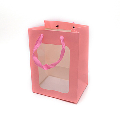 Pink Bolsas de papel rectangulares, con asas de cinta y ventanas, para bolsas de regalo y bolsas de compras, rosa, 38 cm