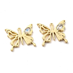 Golden Rack Plating Alloy with Glass Pendants, Lead Free & Cadmium Free, Butterfly Charm, Golden, 19x23x3mm, Hole: 1.2mm