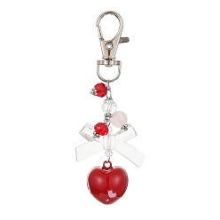 Platinum Brass Heart Bell Pendant Decorations, with Acrylic Bead and Alloy Swivel Lobster Claw Clasps, Platinum, 91mm