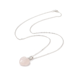 Heart Natural Rose Quartz Geometry Pendant Necklace, Platinum Brass Jewelry for Women, Heart Pattern, 18.50 inch(47cm), Pendant: 19x16x7.5mm