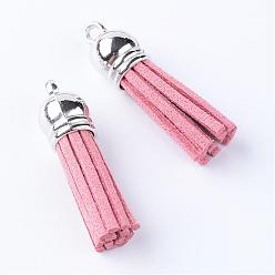 Light Coral Faux Suede Tassel Pendant Decorations, with CCB Plastic Cord Ends, Platinum, Light Coral, 35~37x10mm, Hole: 1.8mm