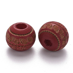 FireBrick Painted Natural Wood Beads, Laser Engraved Pattern, Round with Leave Pattern, FireBrick, 10x9mm, Hole: 2.5mm