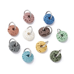 Stainless Steel Color Natural Lava Rock Dyed Disc Charms, with 304 Stainless Steel Open Jump Rings, Stainless Steel Color, 8x3.2mm, Hole: 5x2mm