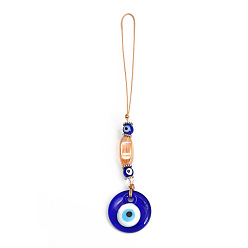 Royal Blue Flat Round with Evil Eye Glass Pendant Decorations, Hemp Rope Hanging Ornament, Royal Blue, 160mm