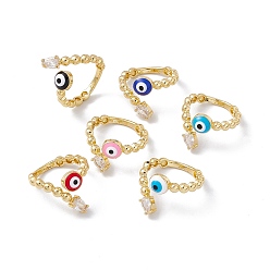 Mixed Color Clear Cubic Zirconia Teardrop & Enamel Evil Eye Open Cuff Ring, Real 18K Gold Plated Brass Jewelry for Women, Lead Free & Cadmium Free, Mixed Color, US Size 5 1/4(15.9mm)