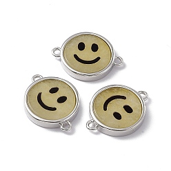 Yellow Aventurine Natural Yellow Aventurine Connector Charms, Flat Round with Smiling Face Links, with Rack Plating Platinum Tone Brass Findings, Cadmium Free & Lead Free, 15.5x20x3mm, Hole: 1.6mm