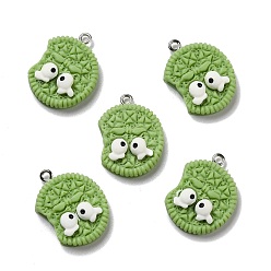 Yellow Green Opaque Resin Pendants, with Platinum Tone Iron Loops, Imitation Food, Biscuits with Eyes, Yellow Green, 26x19x7.5mm, Hole: 2mm