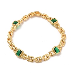 Dark Green Glass Rectangle Link Chain Bracelet with Panther Chains, Real 18K Gold Plated Brass Jewelry for Women, Cadmium Free & Lead Free, Dark Green, Inner Diameter: 2-1/2 inch(6.5cm)
