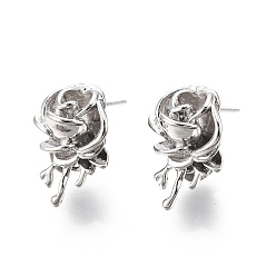 Real Platinum Plated Brass Rose Stud Earrings for Women, Nickel Free, Real Platinum Plated, 18x12mm, Pin: 0.7mm