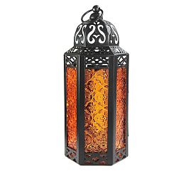 Orange Retro Electrophoresis Black Plated Iron Ramadan Candle Lantern, Portable Glass Decorative Hanging Lamp Candle Holder for Home Decoration, Orange, 95x80x250mm