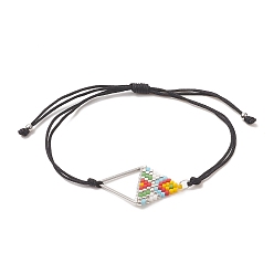 Colorful Glass Seed Braided Triangle Braided Bead Bracelet, with 304 Stainless Steel Rhombus, Braided Nylon Adjustable Bracelet for Women, Colorful, 0.14cm, Inner Diameter: 3-1/2~3-3/4 inch(9~9.5cm)