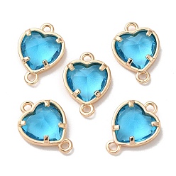 Light Sapphire K9 Glass Connector Charms, Heart Links with Golden Tone Brass Findings, Light Sapphire, 14x10x4.5mm, Hole: 1.2mm