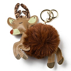 Brun Porte-clés pendentif en imitation fourrure de lapin rex et cuir pu, renne de noël, avec fermoir en alliage, pour décoration de pendentif de voiture de sac, brun, 15 cm