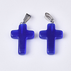 Blue Cat Eye Pendants, with Stainless Steel Peg Bails, Cross, Stainless Steel Color, Blue, 28~30x18x6mm, Hole: 7x3.5mm