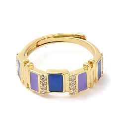 Marine Blue Enamel Rectangle Adjustable Ring with Cubic Zirconia, Real 18K Gold Plated Brass Ring, Cadmium Free & Lead Free, Marine Blue, US Size 6(16.5mm)