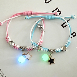 Star 2Pcs 2 Color Luminous Beads & Alloy Enamel Charms Bracelets Set, Glow In The Dark Magnetic Charms Couple Bracleets for Best Friends Lovers, Star Pattern, 5-7/8~11-3/4 inch(15~30cm), 1Pc/color