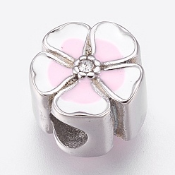 Stainless Steel Color 304 Stainless Steel European Beads, Large Hole Beads, with Enamel and Rhinestone, Flower, Pink, Stainless Steel Color, 11.5x8mm, Hole: 4mm