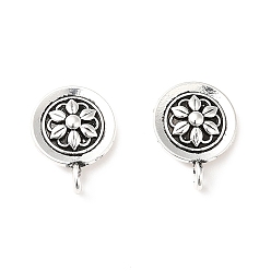 Antique Silver Rack Plating Alloy Stud Earring Findings, with Vertical Loops, Cadmium Free & Lead Free, Flat Round with Flower, Antique Silver, 18x14mm, Hole: 2mm, Pin: 0.6mm