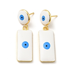 White Rectangle with Evil Eye Enamel Dangle Stud Earrings, Real 18K Gold Plated Brass Jewelry for Women, White, 43mm, Pin: 0.9mm