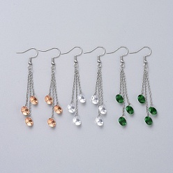 Mixed Color 304 Stainless Steel Dangle Earrings, Cable Chains, with Cubic Zirconia Charms, Mixed Color, 73mm, Pin: 0.6mm