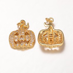 Real 18K Gold Plated Halloween Brass Cubic Zirconia Pendants, Pumpkin, Grade AAA, Cadmium Free & Nickel Free & Lead Free, Real 18K Gold Plated, 16x13x4mm, Hole: 2mm
