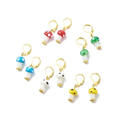 Mixed Color Lampwork Mushroom Dangle Leverback Earrings, Gold Plated Brass Jewelry for Women, Mixed Color, 37~38mm, Pin: 0.6mm