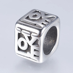 Antique Silver 304 Stainless Steel Beads, Cuboid with Word LOVE, Antique Silver, 10x7x10mm, Hole: 6.5mm