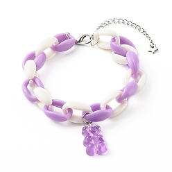 Orchid Resin Bear Charm Bracelets, with Acrylic Cable Chains and Alloy Lobster Claw Clasps, Platinum, Orchid, Inner Diameter: 2 inch(5cm)
