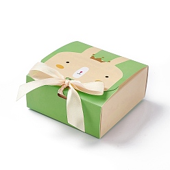 Rabbit Cartoon Cardboard Paper Gift Box, with Ramdom Color Ribbon, Rectangle, Yellow Green, Rabbit Pattern, Fold: 12.9x11.5x5.1cm