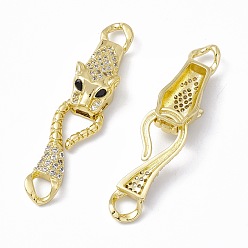 Real 18K Gold Plated Rack Plating Brass Micro Pave Clear & Black Cubic Zirconia S-Hook Clasps, Long-Lasting Plated, Cadmium Free & Lead Free, Leopard, Real 18K Gold Plated, 48mm, Hole: 4mm, Leopard: 24.5x10.5x7mm, Clasp: 28x11x3.5mm