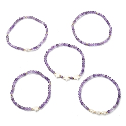 Améthyste 5pcs 5 ensemble de bracelets extensibles en perles d'améthyste naturelle, de perles et de coquillages, diamètre intérieur: 1-3/4~1-3/4 pouce (4.3~4.5 cm), 1 pcs / style