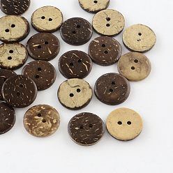 Brun De Noix De Coco 2 -hole boutons de noix de coco plats et ronds, brun coco, 18x3mm, Trou: 2mm