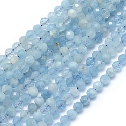 Aquamarine Natural Aquamarine Beads Strands, Round, Faceted, 2mm, Hole: 0.5mm, about 150pcs/strand, 15.35 inch(39cm)
