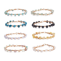 Mixed Stone 8Pcs 8 Style Natural Mixed Gemstone Braided Beaded Bracelets Set, Copper Wire Wrap Jewelry for Women, Light Gold, 8-1/8 inch(20.6cm), 1Pc/style