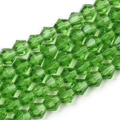 Зеленый лайм Имитация австрийского хрусталя 5301 биконус, Граненые круглые стеклянные бусины, зеленый лайм, 6x6 мм, отверстие : 1.2 мм, около 47~48 шт / нитка, 10.24 дюйм ~ 10.43 дюйм (26~26.5 см)