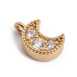 Golden Brass Micro Pave Cubic Zirconia Charms, Moon, Clear, Golden, 10.5x7x3.5mm, Hole: 1.2mm