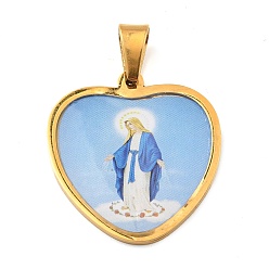 Golden Ion Plating(IP) 304 Stainless Steel Pendants, with Enamel, Heart with Saint Charm, Religion, Golden, 31x29x2mm, Hole: 9x5.5mm