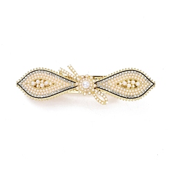 Light Gold Alloy Crystal Rhinestone Hair Barrettes, with Imitation Pearl Beads, Teardrop with Flower, Light Gold, 24x88x30mm