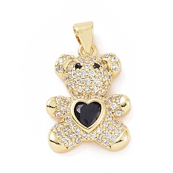 Black Brass Micro Pave Cubic Zirconia Pendants, with Glass, Bear with Heart Charm, Golden, Black, 20.5x15x5mm, Hole: 5.5x3.5mm