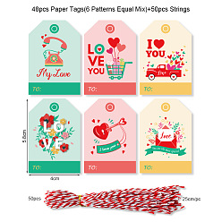 Heart Valentine's Day Theme Paper Gift Tags, Hange Tags, with Cotton Rope, For Wedding, Heart & Car & Flower & Word, Mixed Patterns, Valentine's day Themed Pattern, 5.8x4cm, 48pcs/set