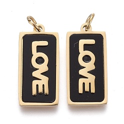 Golden 316 Surgical Stainless Steel Pendants, with  Acrylic, Rectangle with Word Love, for Valentine's Day Jewelry, Black, Golden, 16.5x8x2mm, Jump Ring: 4x0.6mm, 2.8mm Inner Diameter
