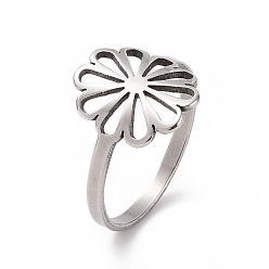 Stainless Steel Color 201 Stainless Steel Flower Finger Ring, Hollow Wide Ring for Women, Stainless Steel Color, US Size 6 1/2(16.9mm)