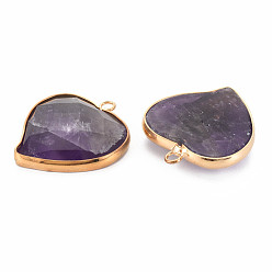Amethyst Natural Amethyst Pendants, with Light Gold Plated Brass Findings, Faceted, Heart, 29~29.5x26~26.5x6mm, Hole: 2mm
