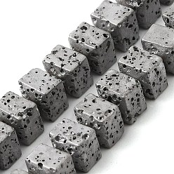Platinum Plated Electroplated Natural Lava Rock Beads Strands, Rectangle, Platinum Plated, 6x6.5x6.5mm, Hole: 1mm, about 68pcs/strand, 16.54''~16.93''(42~43cm)