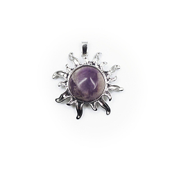 Amethyst Natural Amethyst Pendants, Sun Charms, with Platinum Plated Alloy Findings, 39x39mm