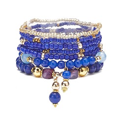 Синий 7шт 7 набор браслетов из натуральных и синтетических смешанных драгоценных камней и стеклянных бусин, латунные подвески с бантиками штабелируемые браслеты для женщин, синие, внутренний диаметр: 2~2-1/8 дюйм (5.15~5.5 см), 1 шт / стиль