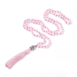 Rose Quartz Tassel Pendant Necklaces, with Natural Rose Quartz Beads, Buddha Head, 31.1 inch~33 inch(79~84cm)